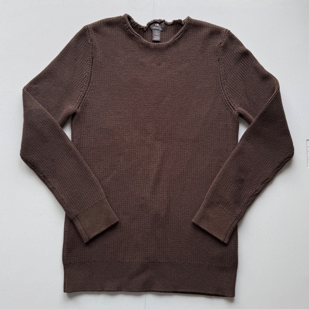 H&M Men's Size Small Brown Waffle Knit Sweater Regular Fit Rolled Edge Neck Crew